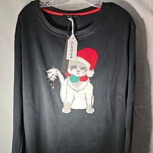 Jane & Delancey Women's Naughty Christmas Cat Sweater in Black Size M